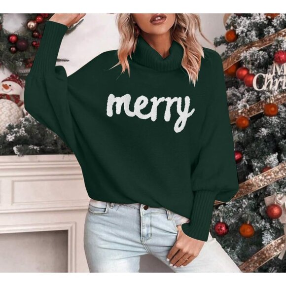 Oversized Christmas Green Sweater Women 2025 Merry Turtleneck Batwing Sleeve - Picture 5 of 7